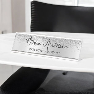 Silver Monogram Glitter Sparkle Girly Script Bureau Naambordje