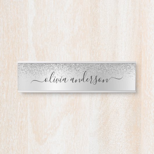 Silver Monogram Glitter Sparkle Girly Script Deurbordje (Voorkant)