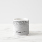 Silver Monogram Glitter Sparkle Girly Script Espresso Kop (Voorkant)