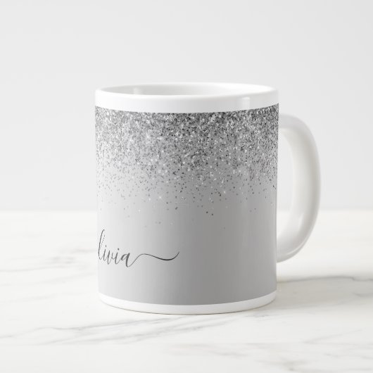 Silver Monogram Glitter Sparkle Girly Script Extra Grote Beker (Voorkant rechts)