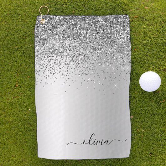 Silver Monogram Glitter Sparkle Girly Script Golfhanddoek
