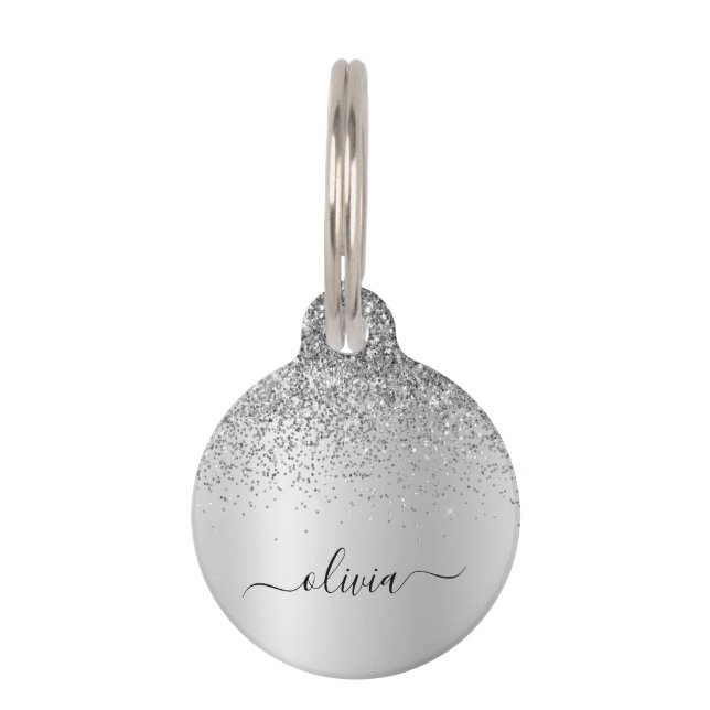 Silver Monogram Glitter Sparkle Girly Script Huisdierpenning (Voorkant)