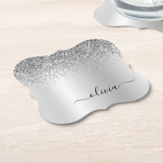 Silver Monogram Glitter Sparkle Girly Script Kartonnen Onderzetters (Gekanteld)