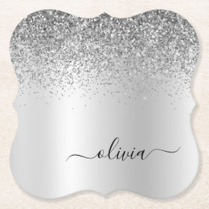 Silver Monogram Glitter Sparkle Girly Script Kartonnen Onderzetters