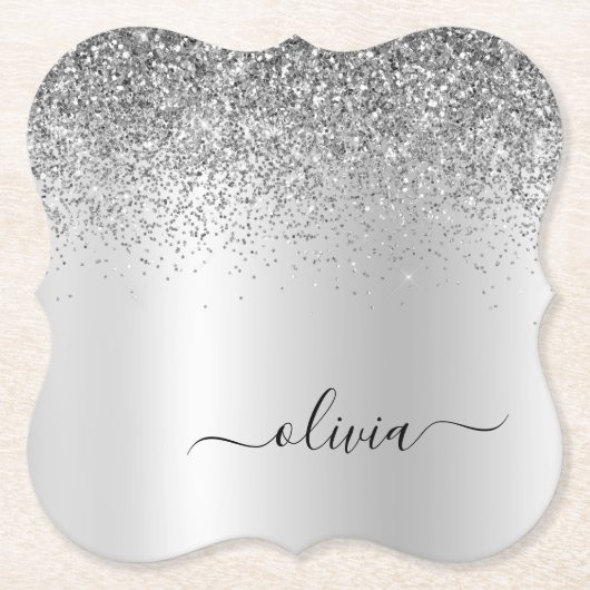 Silver Monogram Glitter Sparkle Girly Script Kartonnen Onderzetters (Voorkant)