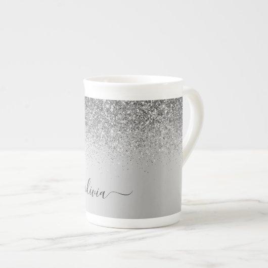 Silver Monogram Glitter Sparkle Girly Script Porselein Kop (Voorkant rechts)
