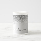 Silver Monogram Glitter Sparkle Girly Script Porselein Kop (Voorkant)