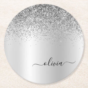 Silver Monogram Glitter Sparkle Girly Script Ronde Kartonnen Onderzetter