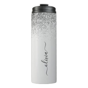 Silver Monogram Glitter Sparkle Girly Script Thermosbeker