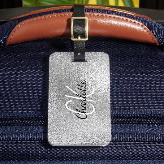 Silver monogram initiaal name script bagagelabel (Voorkant Insitu 2)