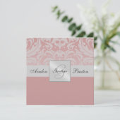 Silver Monogram Linen Damask Pink Uitnodiging (Staand voorkant)