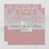 Silver Monogram Linen Damask Pink Uitnodiging (Voorkant / Achterkant)