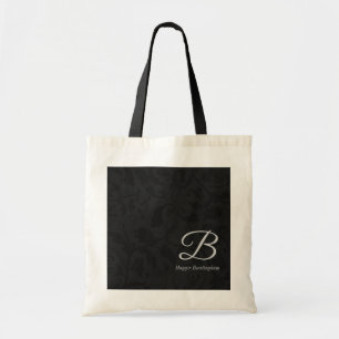 Silver Monogram op Black Damask Tote Bag