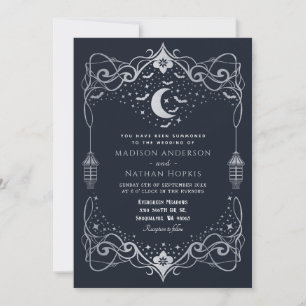 Silver Moon Gothic Bats Lantern Wedding Kaart