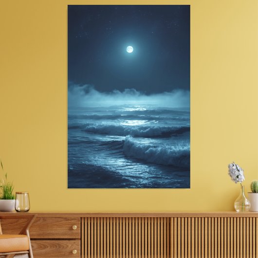 Silver Moonrise – Cinematic Ocean Under the Stars Canvas Afdruk (Insitu (Woonkamer))