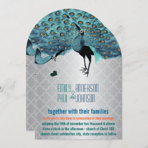 Silver Moroccan Tile Aqua & Coral Peacock Wedding Kaart
