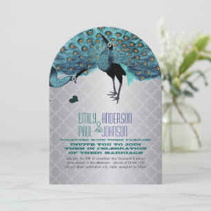 Silver Moroccan Tile Aqua & Coral Peacock Wedding Kaart