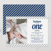 Silver, Mustache | Foto van jongen 1st Birthday Kaart (Voorkant / Achterkant)