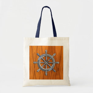 Silver Nautical Wheel op Teak Veneer Print Tote Bag