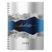 Silver navy blue agate marble name script elegant notitieboek (Voorkant)