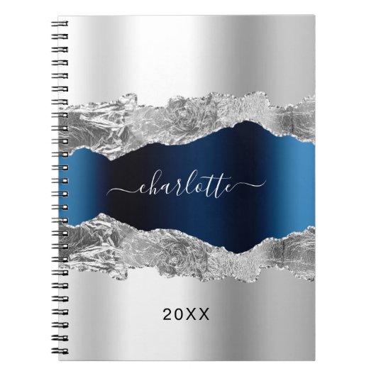 Silver navy blue agate marble name script elegant notitieboek (Voorkant)