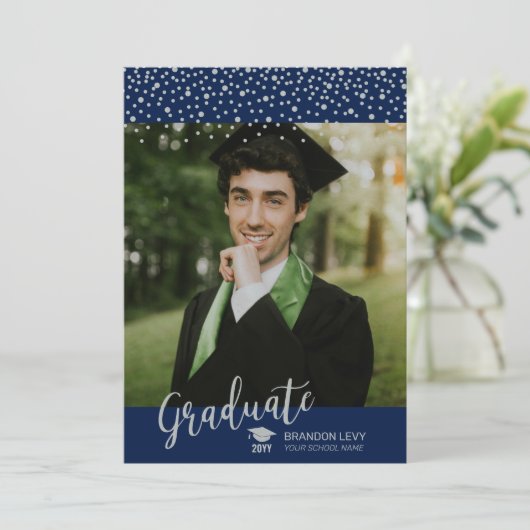 Silver & Navy Blue Confetti foto Afstuderen Aankondiging (Staand voorkant)