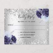Silver Navy blue florals budget bruiloft RSVP-kaar Flyer (Voorkant)