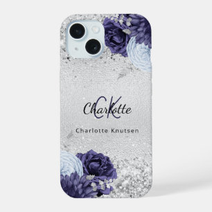 Silver navy blue florals elegant monogram iPhone 15 hoesje