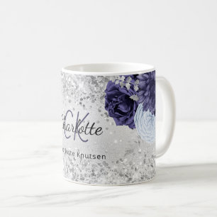 Silver navy blue florals elegant monogram koffiemok