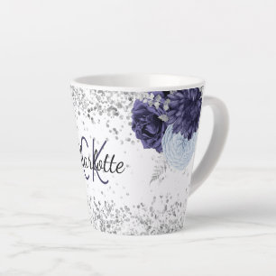 Silver navy blue florals elegant monogram latte mok