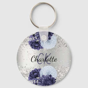 Silver navy blue florals elegant name sleutelhanger