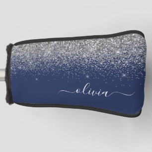 Silver Navy Blue Girly Glitter Sparkle Monogram Golfheadcover