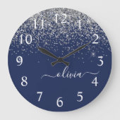 Silver Navy Blue Girly Glitter Sparkle Monogram Grote Klok (Voorkant)