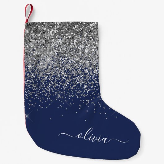 Silver Navy Blue Girly Glitter Sparkle Monogram Kleine Kerstsok (Voorkant)