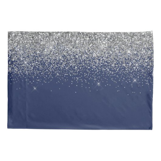 Silver Navy Blue Girly Glitter Sparkle Monogram Kussensloop (Achterkant)