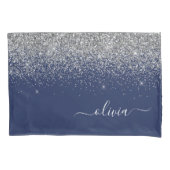 Silver Navy Blue Girly Glitter Sparkle Monogram Kussensloop (Voorkant)