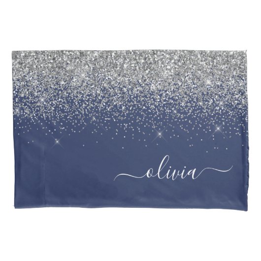 Silver Navy Blue Girly Glitter Sparkle Monogram Kussensloop (Voorkant)