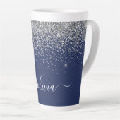 Silver Navy Blue Girly Glitter Sparkle Monogram Latte Mok (Rechterhoek)