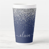 Silver Navy Blue Girly Glitter Sparkle Monogram Latte Mok (Voorkant)