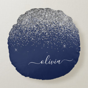 Silver Navy Blue Girly Glitter Sparkle Monogram Rond Kussen