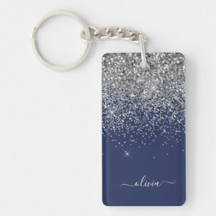 Silver Navy Blue Girly Glitter Sparkle Monogram Sleutelhanger