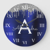 Silver Navy Blue Glitter Brushed Metal Monogram Grote Klok (Voorkant)