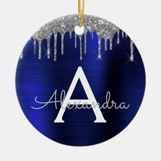 Silver Navy Blue Glitter Brushed Metal Monogram Keramisch Ornament (Voorkant)