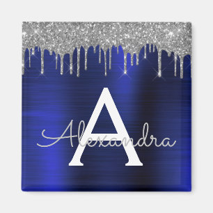Silver Navy Blue Glitter Brushed Metal Monogram Magneet