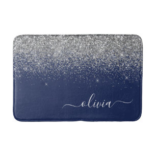 Silver Navy Blue Glitter Girly Monogram Naam Badmat
