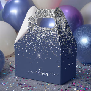 Silver Navy Blue Glitter Girly Monogram Naam Bedankdoosjes