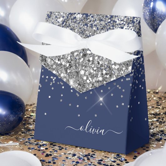 Silver Navy Blue Glitter Girly Monogram Naam Bedankdoosjes