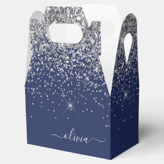 Silver Navy Blue Glitter Girly Monogram Naam Bedankdoosjes (Geopend)