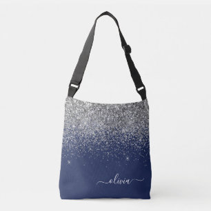 Silver Navy Blue Glitter Girly Monogram Naam Crossbody Tas
