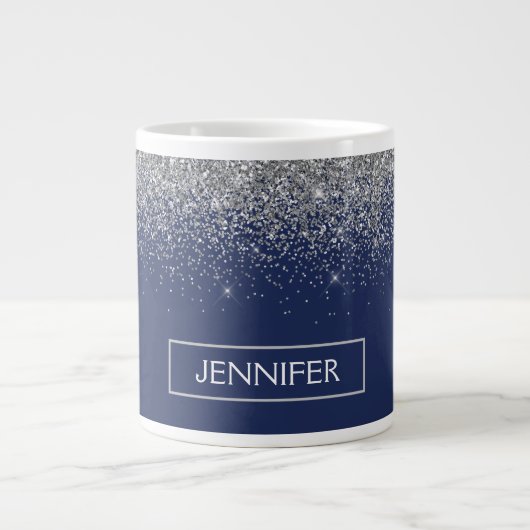 Silver Navy Blue Glitter Girly Monogram Naam Extra Grote Beker (Voorkant)